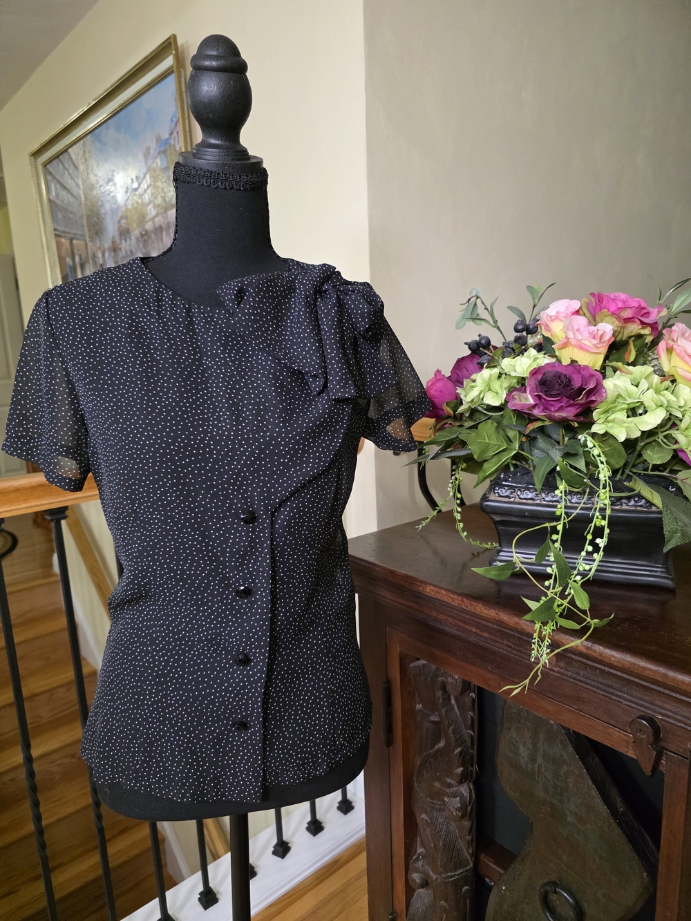 Bettie Page Y2K Black Polka Dot Ruffle Short-Sleeve Blouse Medium